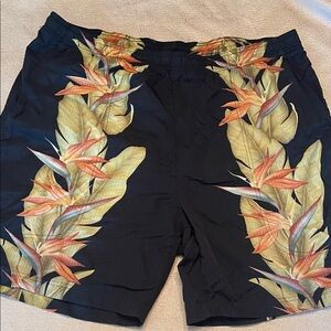 Tommy Bahama Black Swim Shorts with Tropical Leaf Stripe